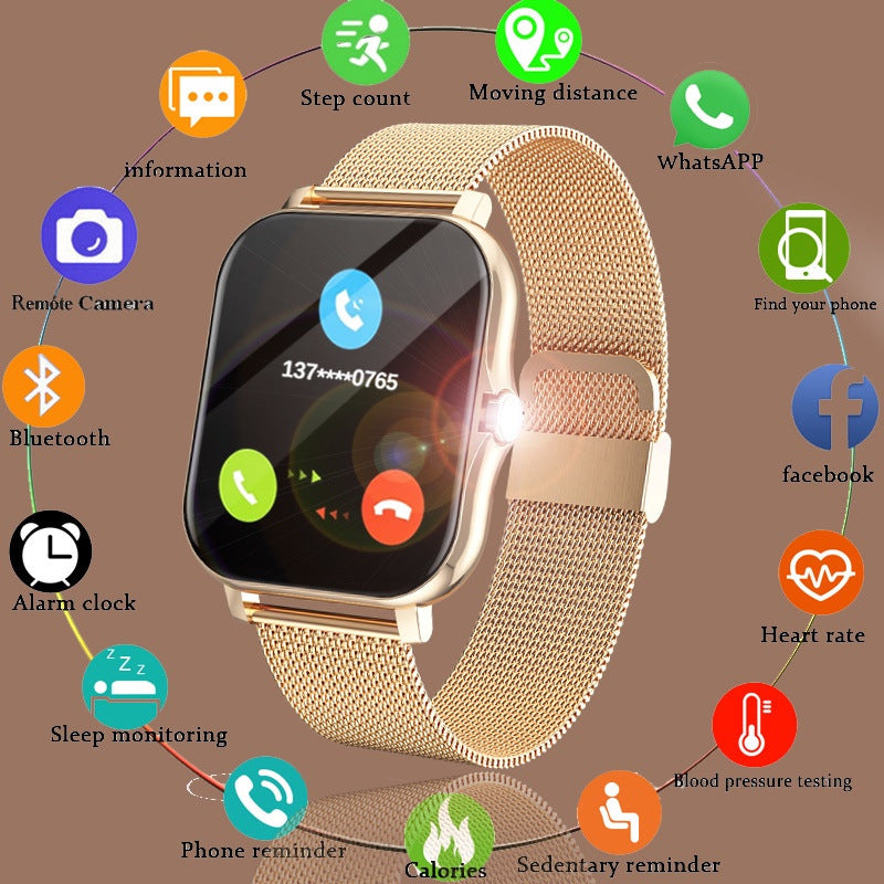 Gold mesh band smart watch with call screen and icons for health, fitness, and communication features
