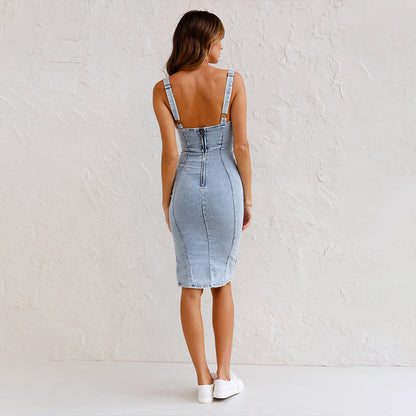 U-neck Suspender Denim Dress Summer Casual Tight Slim Fit Dresses With Slit Design Womens Clothing