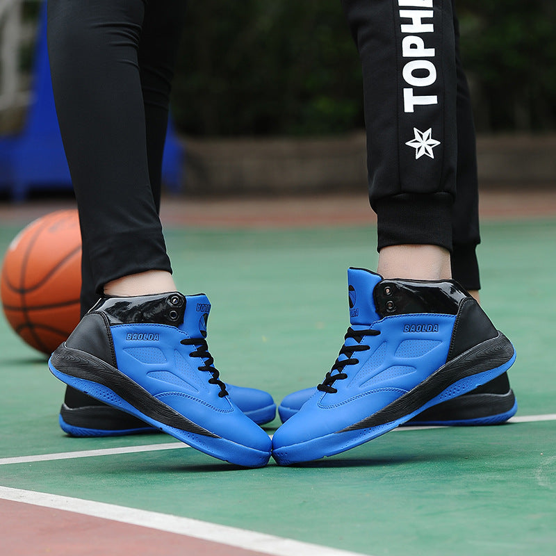 Pair of blue and black BAOLDA basketball shoes on outdoor court with basketball and black pants