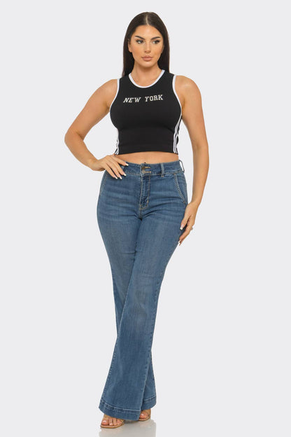 Seamless "New York" Screen Print Side Stripes Top