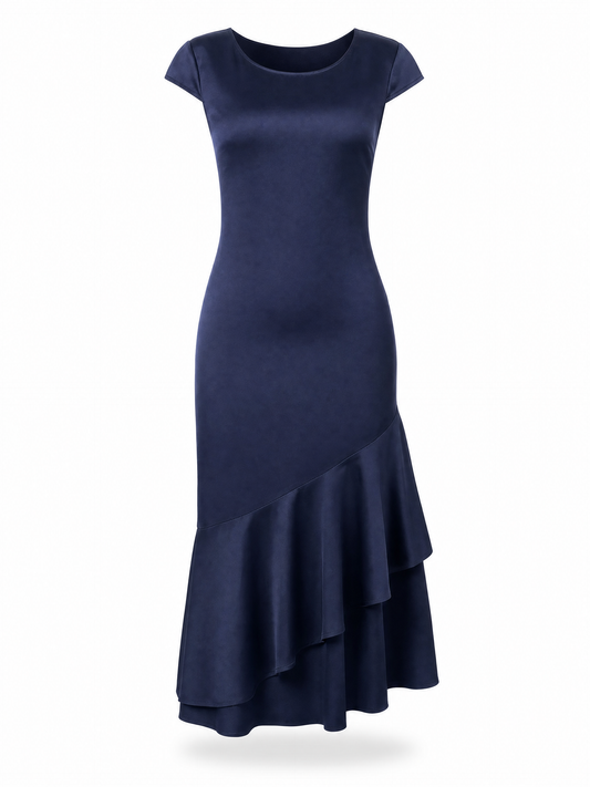 Women’s Navy Blue Midi Dress with Layered Ruffle Hem