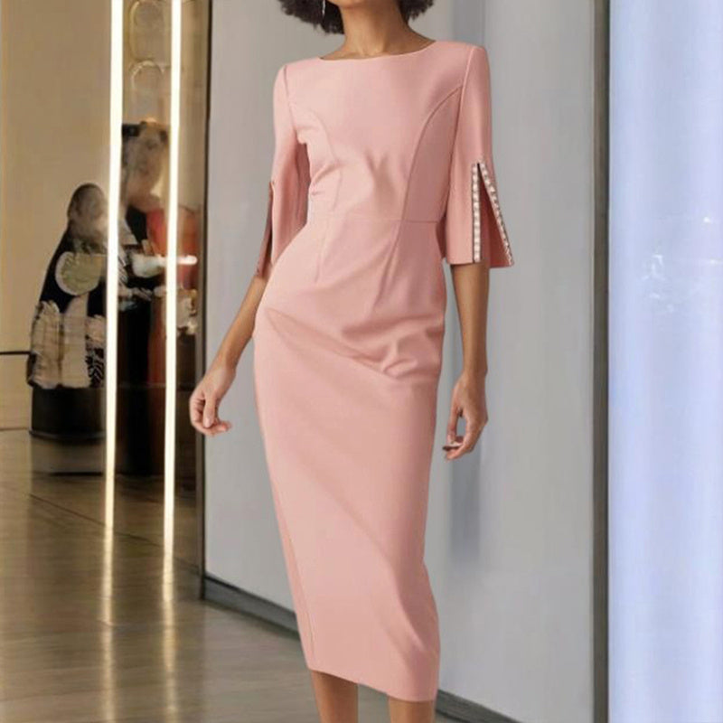 Elegant Pearl-Embellished Formal Dress for Women – Flattering Round Neck, Slit Sleeves & Seamless Back Zipper