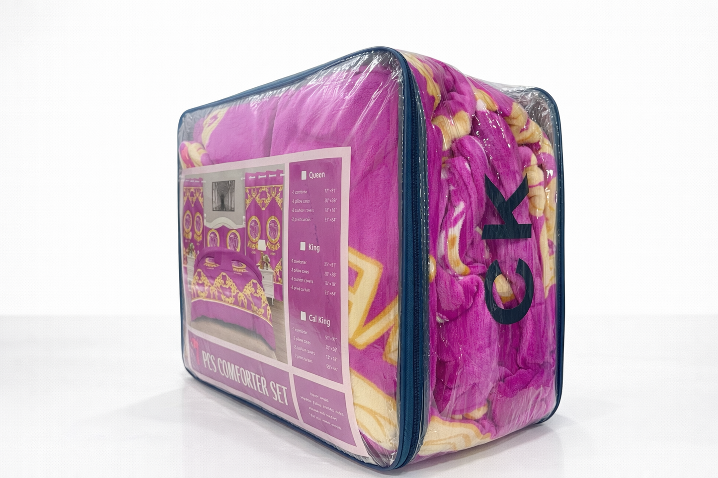 7-Piece Luxury Comforter Set with Curtains & Pillow Shams – Queen, King, Cal King – Pink Embroidered Bedding Set