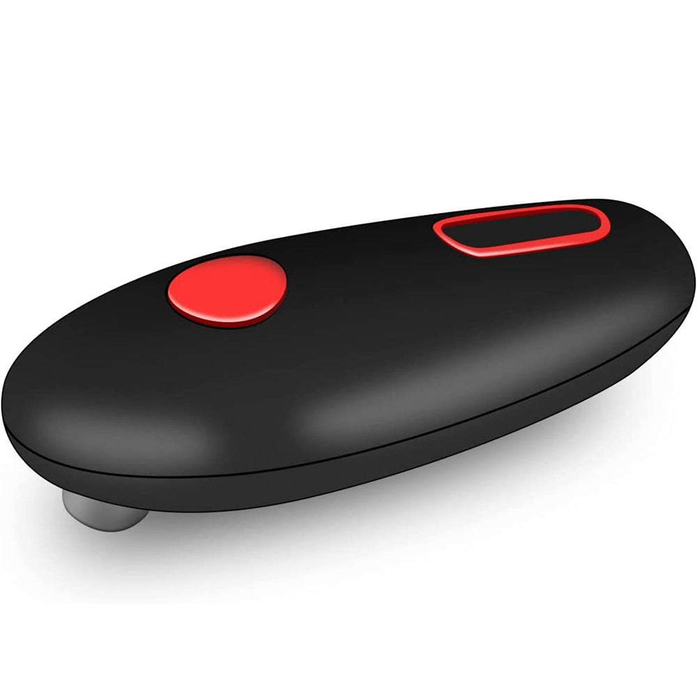 Black handheld electronic device with red buttons and a small protruding sensor on white background
