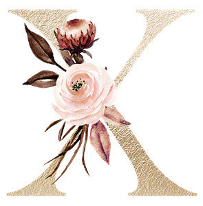 Gold letter X with pink and brown floral watercolor design on white background