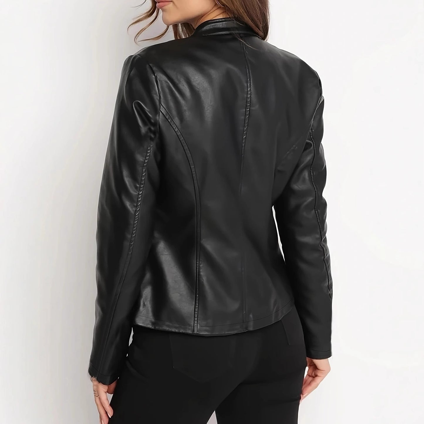 Women’s Elegant Short PU Leather Jacket – Long Sleeve Cropped Commuter Coat (S–XXL)