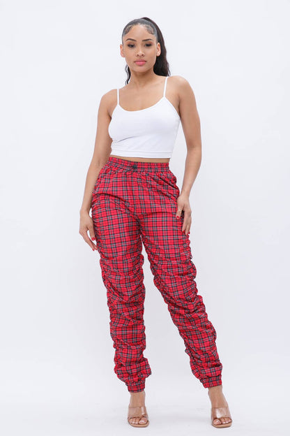 Plaid Print Wind Breaker Drawstring Shirring Jogger Pants
