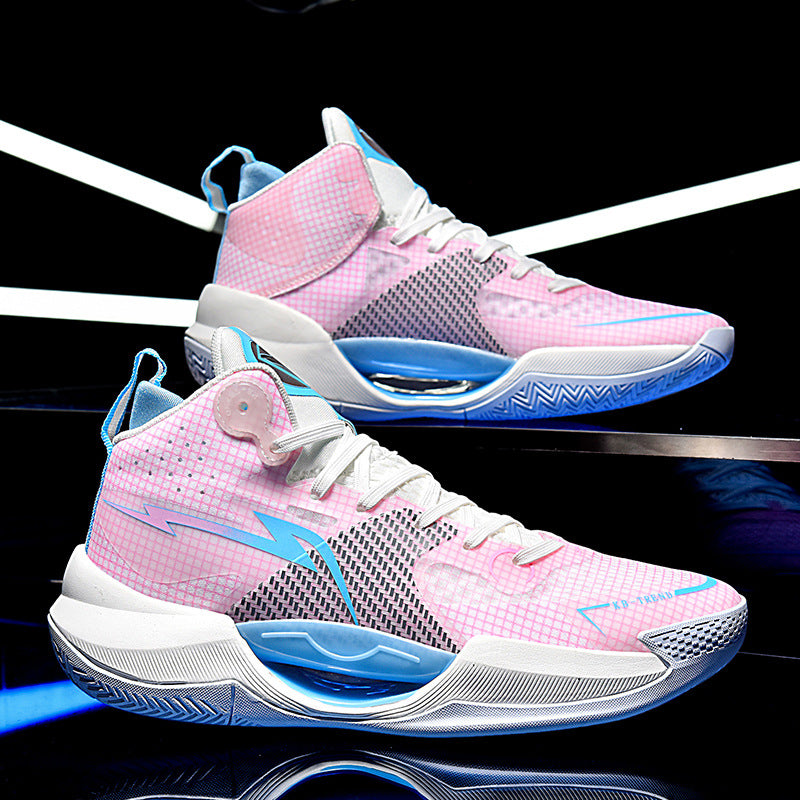Pink and blue high-top basketball sneakers with grid pattern and cushioned soles on black background