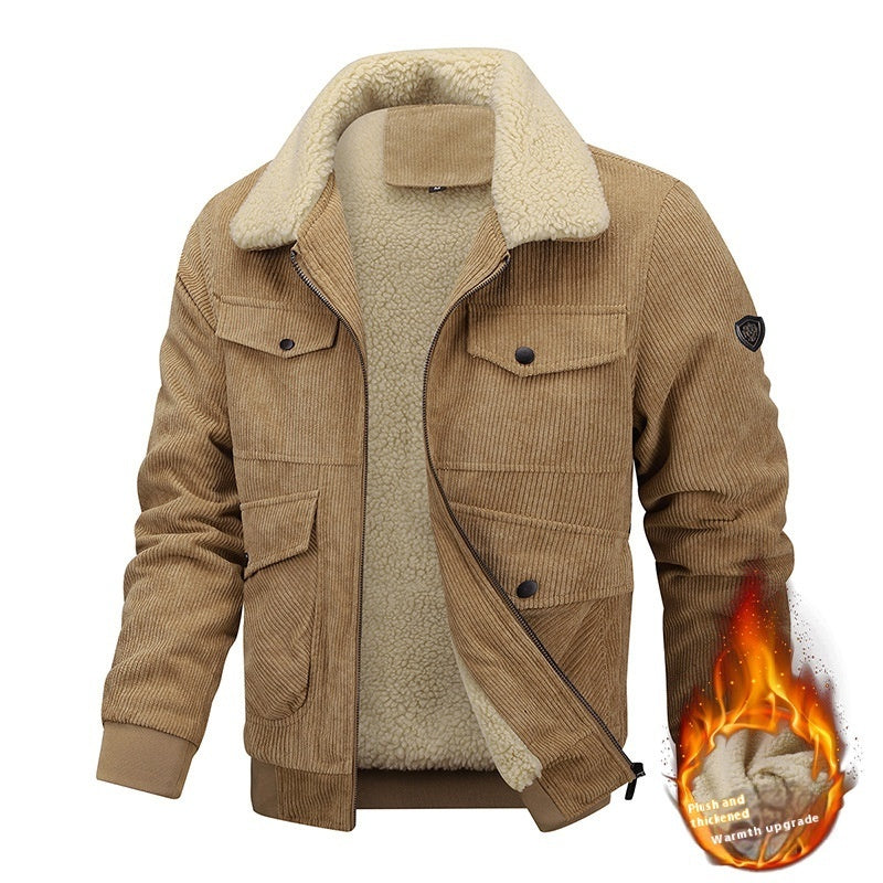 NEW Winter Lapel Fleece Jacket With Pockets Warm Thicken Cotton Coat Men&