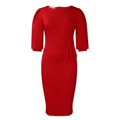 NEW Round Neck Pleated Graceful And Fashionable OL OL Pencil Skirt European And American Style Dress