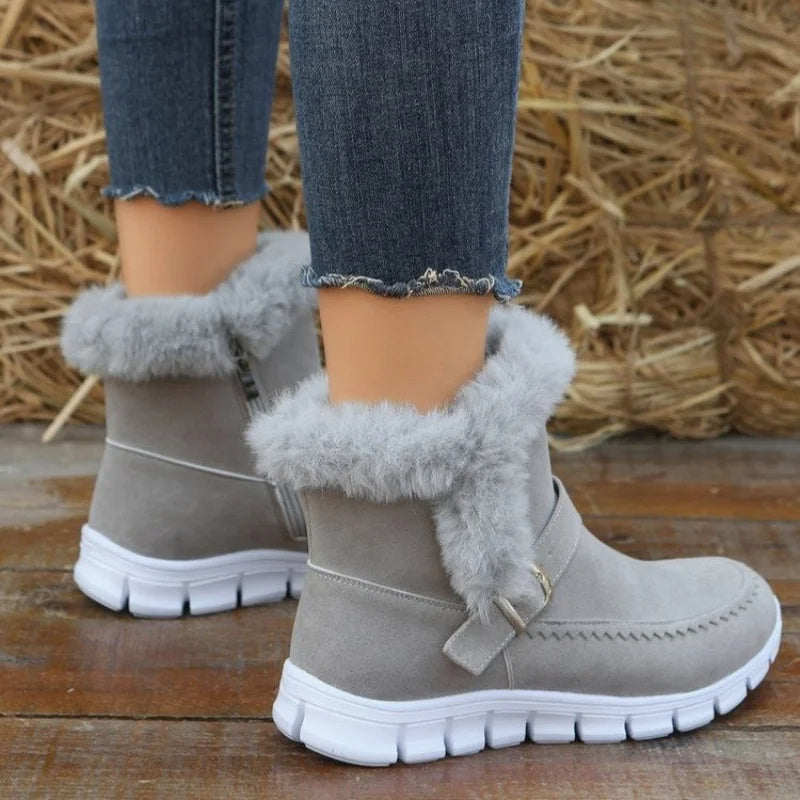 Snow Boots Winter Warm Thickened Solid Color Plush Ankle Boots With Buckle Design Plus Velvet Flat Shoes For Women