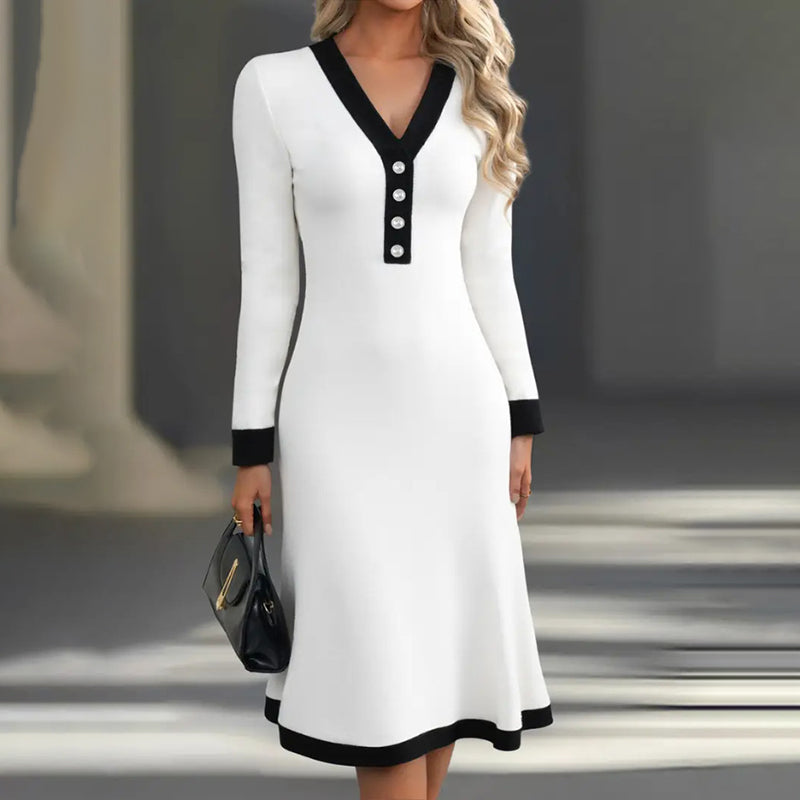 Women's Color Block Maxi Dress, V-Neck Long Sleeve Elegant Casual Dress