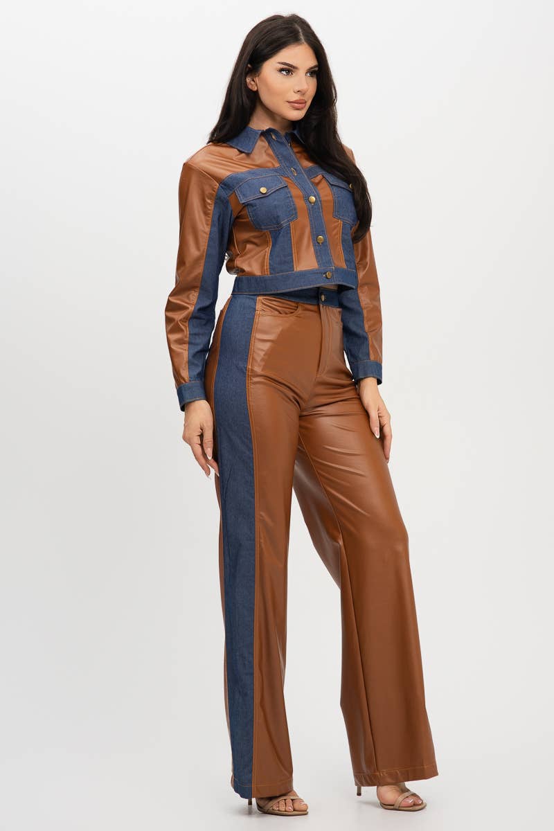 Pu Fabric Denim Contrast Jackets And Pants Set