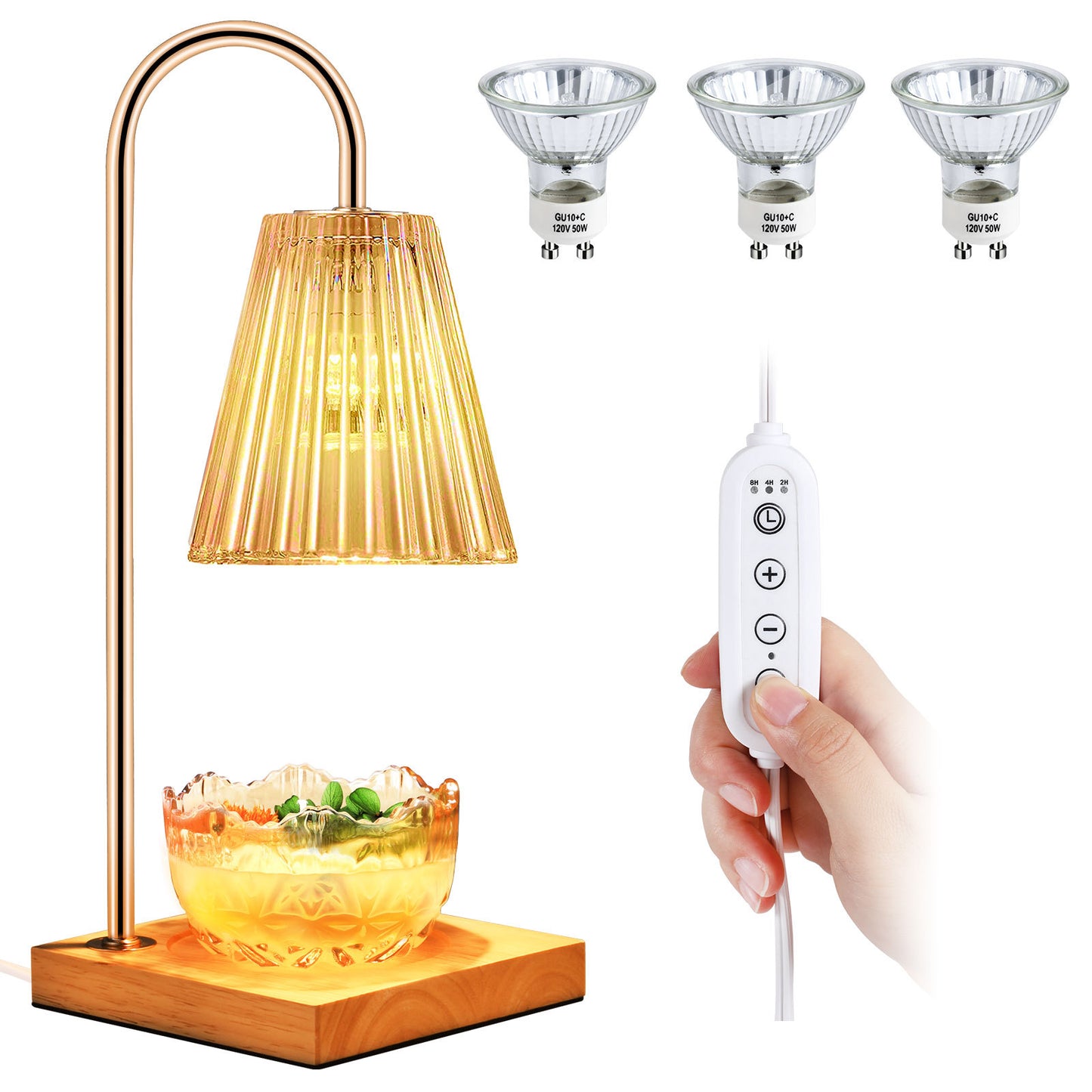 Copper oil warmer lamp with glass bowl on wooden base, three GU10 bulbs, and handheld remote control