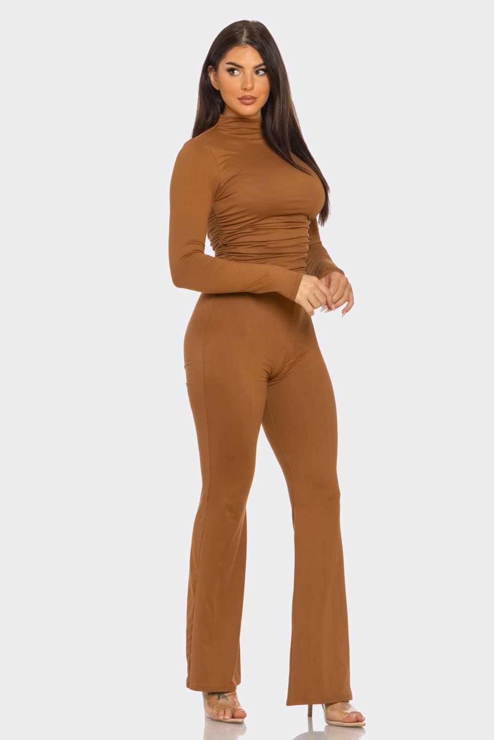 Mock Neck Shirring Top And Flare Leggings Set