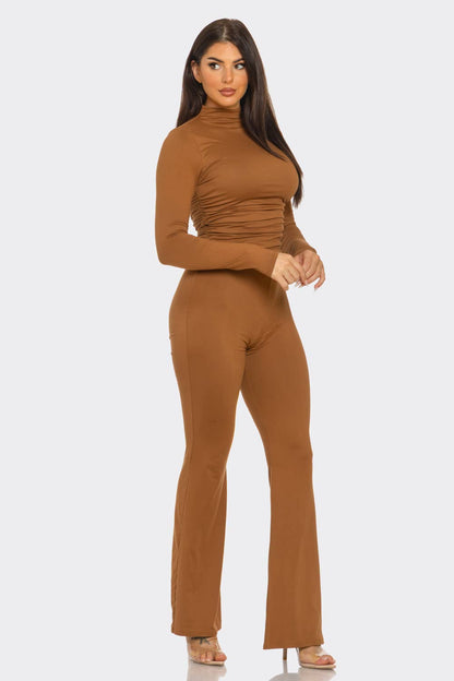 Mock Neck Shirring Top And Flare Leggings Set
