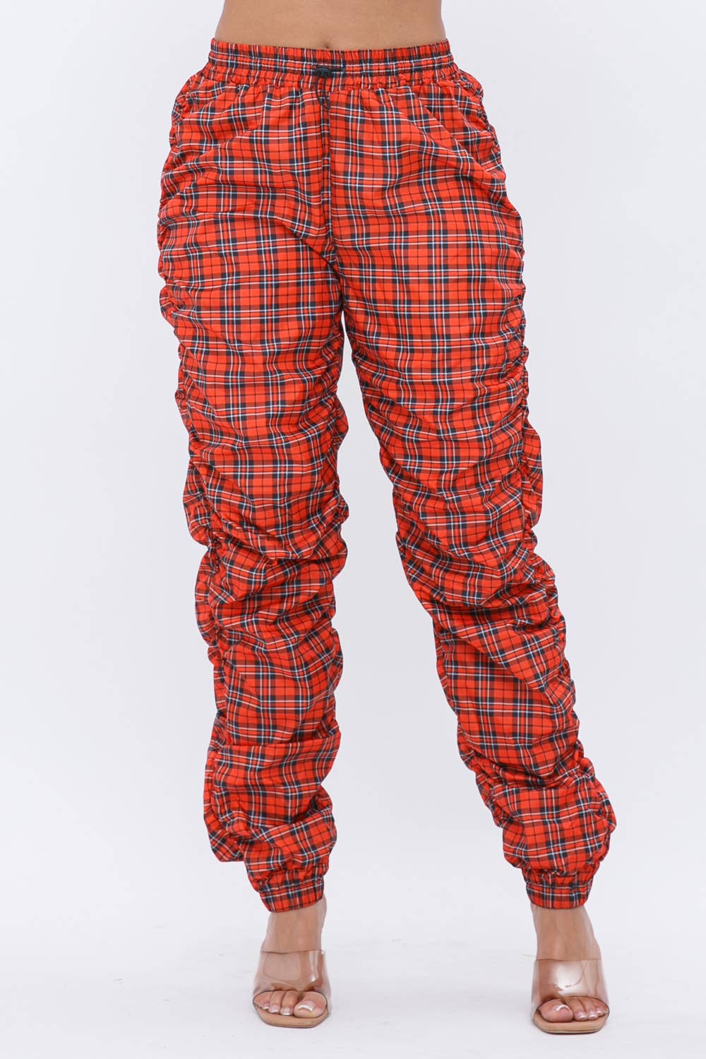 Plaid Print Wind Breaker Drawstring Shirring Jogger Pants