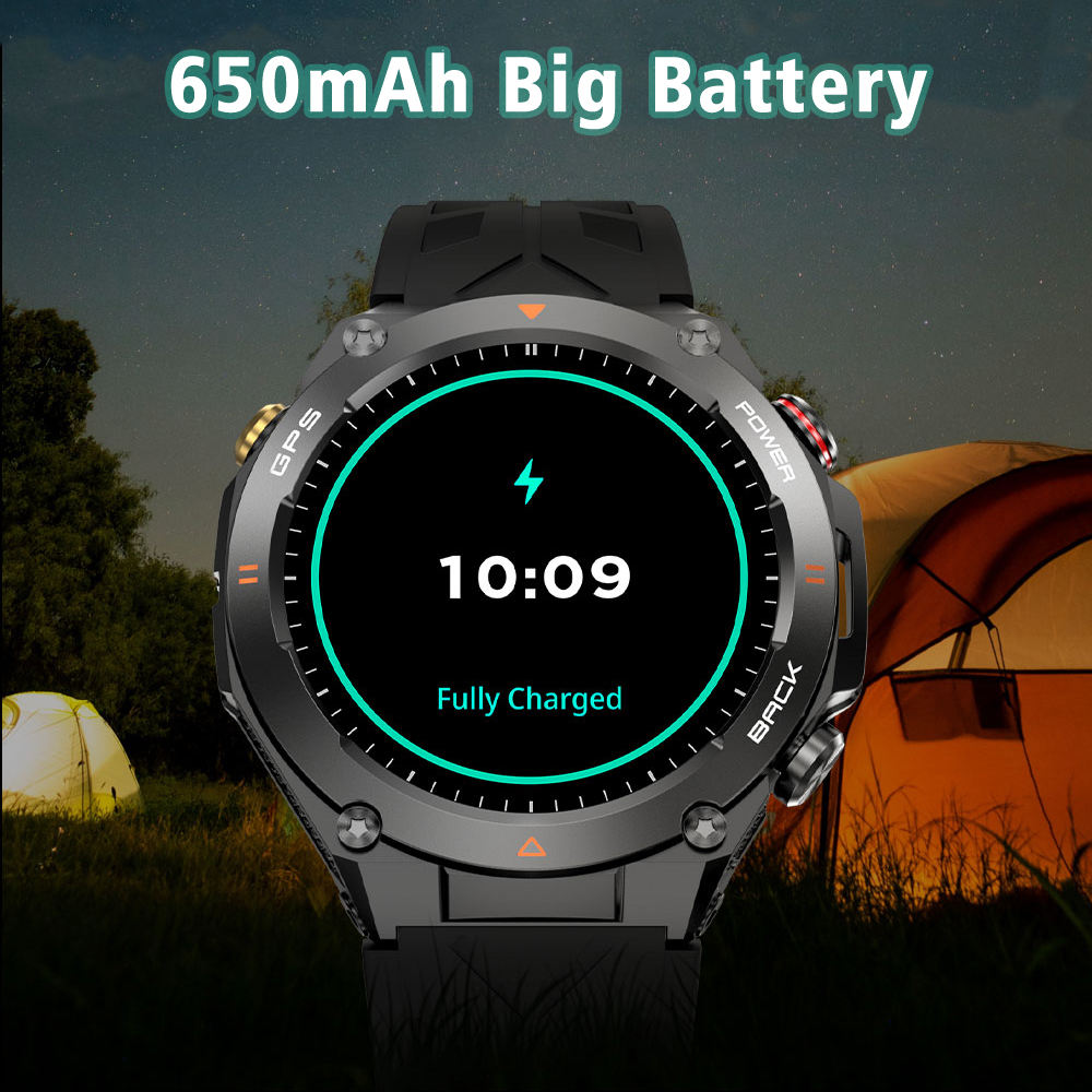 Smartwatch with 650mAh big battery fully charged, outdoor camping night background with tents