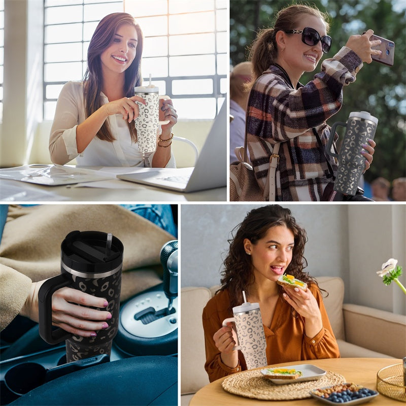 Leopard print travel mug used by women working, traveling, eating, and taking selfies in various settings