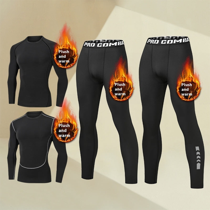 Black thermal compression long-sleeve tops and leggings with plush, warm fabric highlighted by flame icons