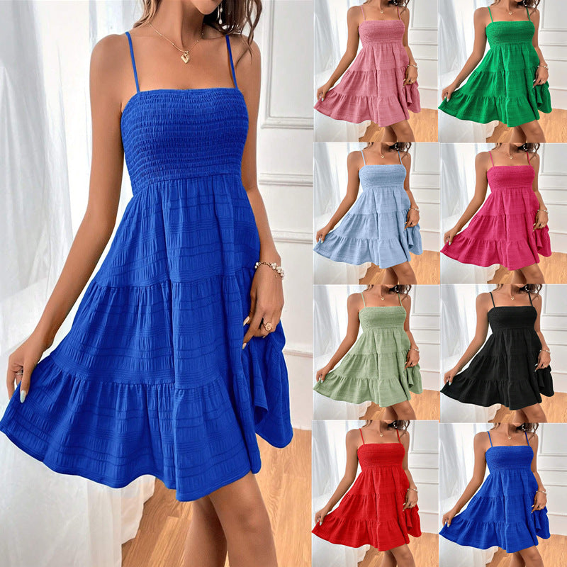 NEW Summer Square-collar Suspender Pleated Dress Fashion Solid Color Beach Dresses For Womens Clothing