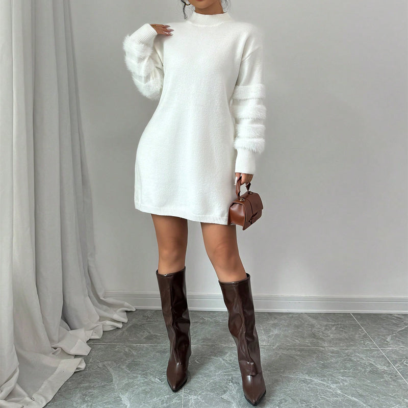 Women's Plush Long Sleeve Mini Dress, Solid Color A-Line Fitted Dress With Faux Fur Trim For Winter Parties