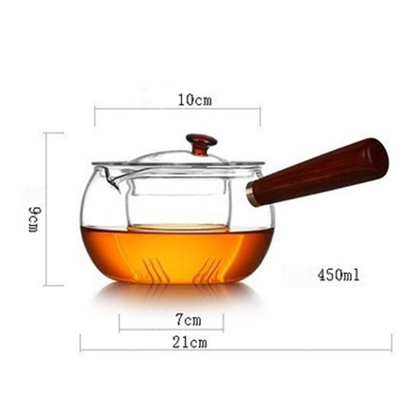 450ml glass teapot with wooden handle and lid, filled with amber tea, dimensions shown