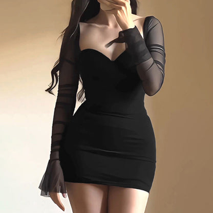 NEW Sexy Mesh Stitching Long Sleeve Slim Fit Dress