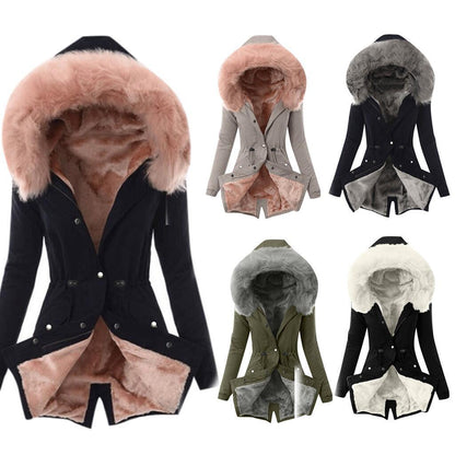 NEW Fur collar drawstring solid color warm cotton coat