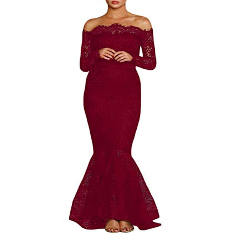 NEW Slim lace off-the-shoulder fishtail wrap dress