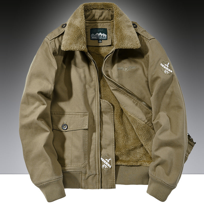 Khaki brown men's bomber jacket with faux shearling collar and lining, zip and button pockets