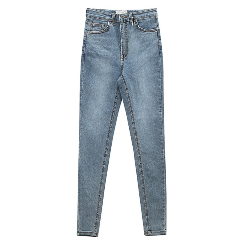 Light blue high-waisted slim fit denim jeans with front pockets and button closure