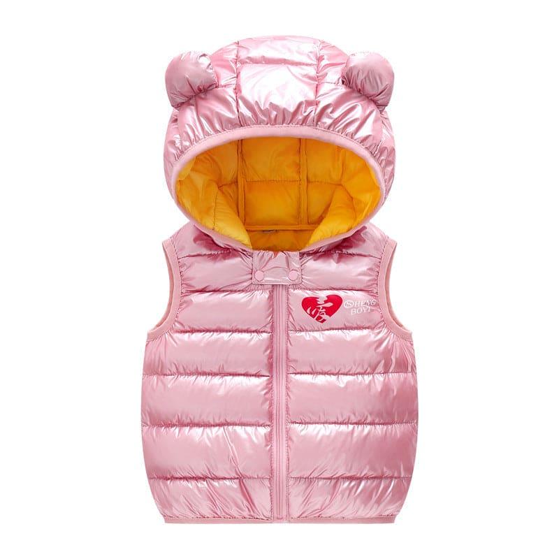 Pink shiny puffer vest with yellow lining and bear ears hood for children
