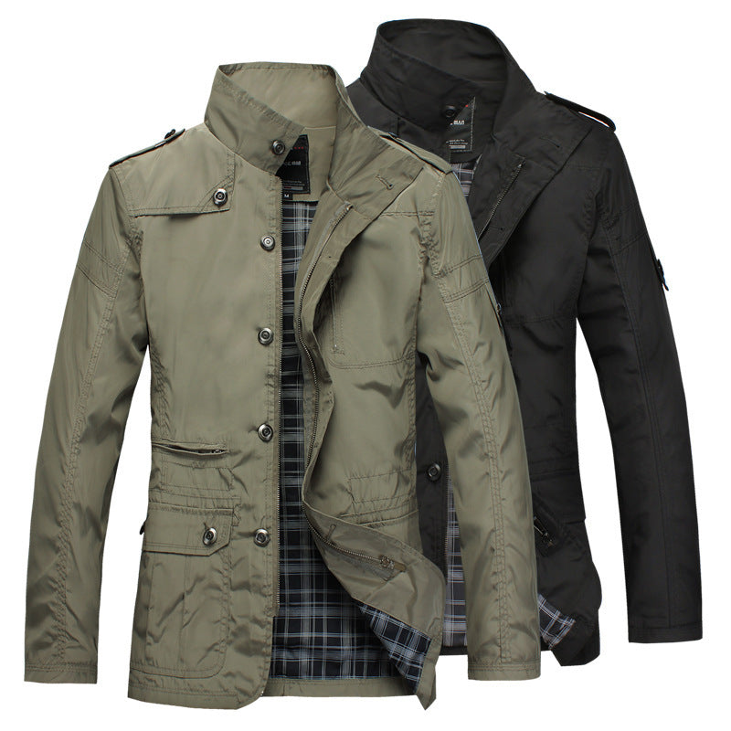 Light brown and black men's casual jackets with button and zipper closures and checkered inner lining