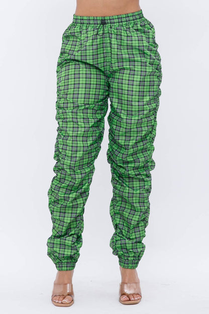 Plaid Print Wind Breaker Drawstring Shirring Jogger Pants