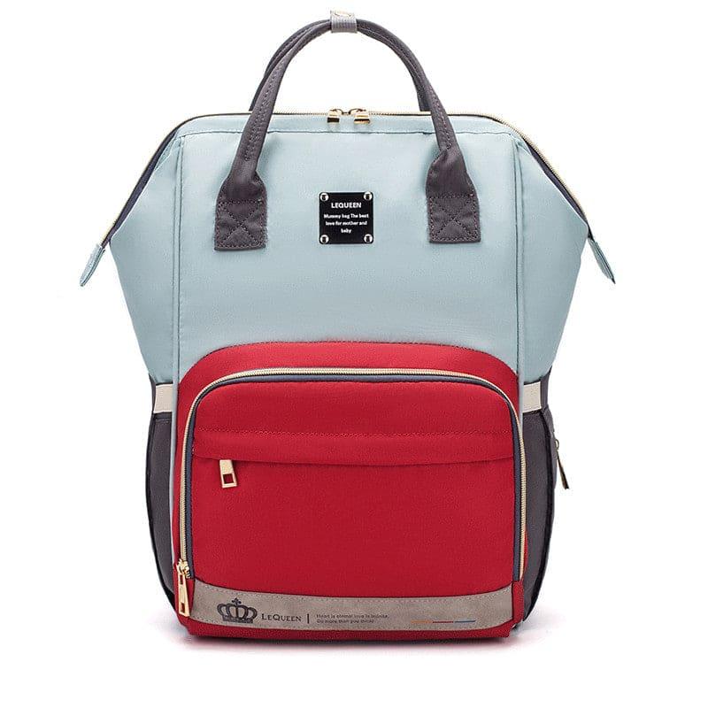 Lequeen stylish diaper bag backpack in light blue and red with black handles and gold zippers