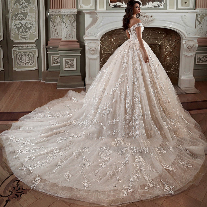 Off-shoulder French-style Bride Trailing Mori Style Simple Small Wedding Dress