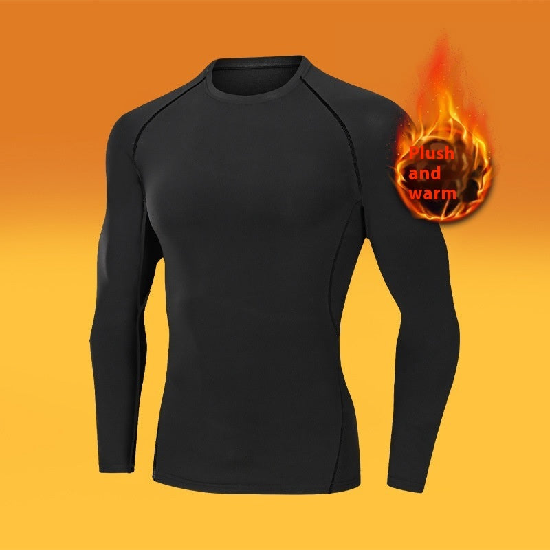 Black long-sleeve thermal shirt with plush and warm fabric shown against orange gradient background