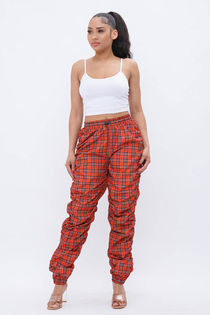 Plaid Print Wind Breaker Drawstring Shirring Jogger Pants
