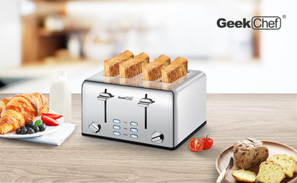 NEW Toaster 4 Slice, Geek Chef Stainless Steel Extra-Wide Slot Toaster With Dual Control Panels Of Bagel,Defrost,Cancel Function,Ban Amazon