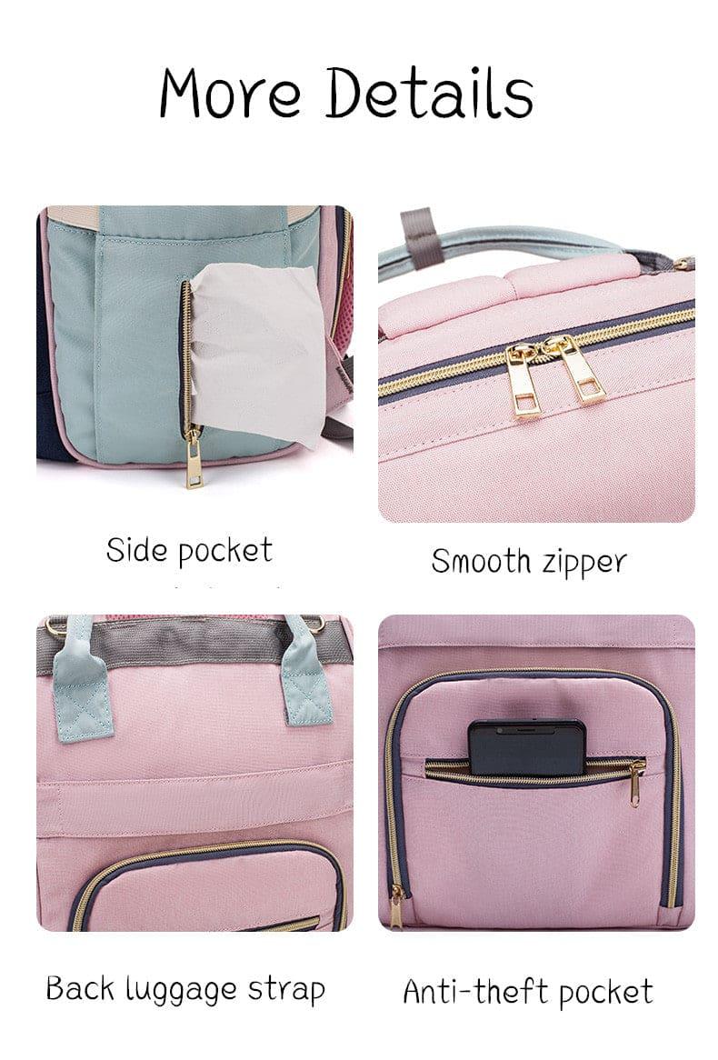 Backpack close-ups showing side pocket with tissue, smooth zipper, back luggage strap, and anti-theft pocket with phone