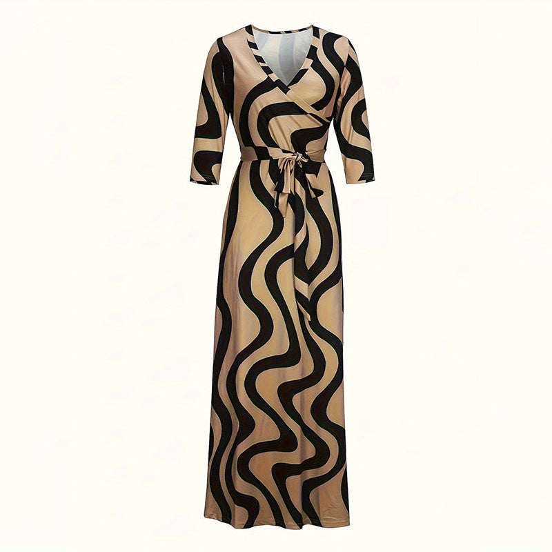 Beige and black wavy patterned long wrap dress with three-quarter sleeves and tie belt