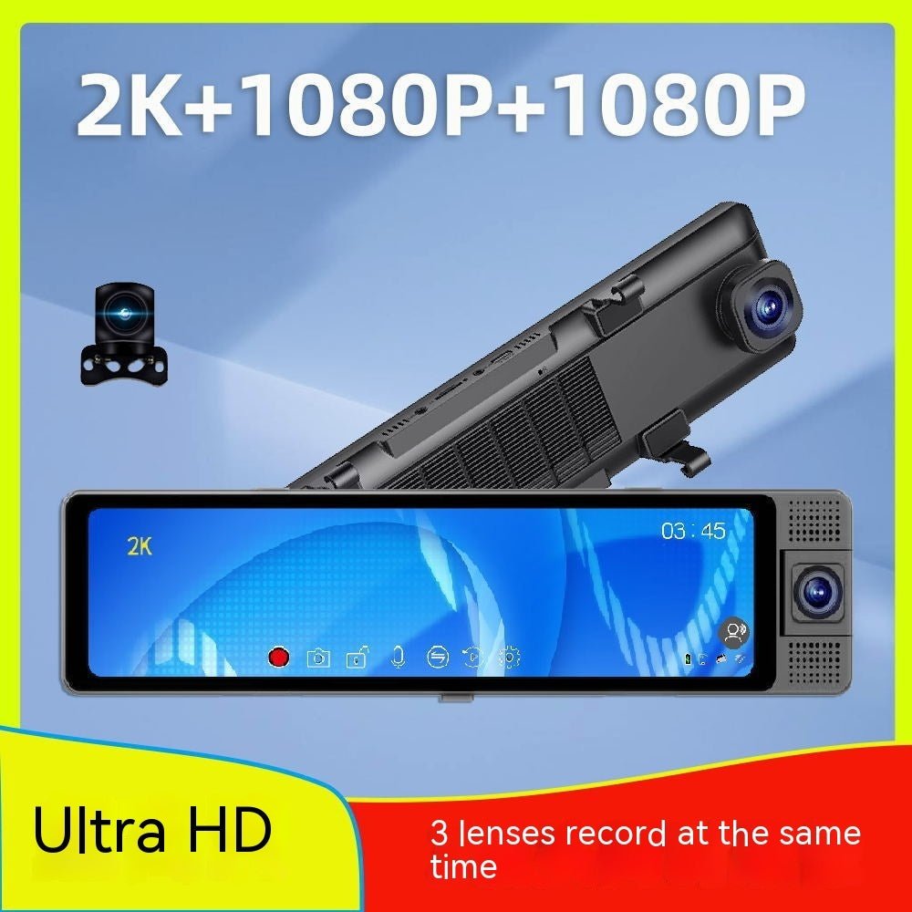 12 - inch Three - lens Car Video 2K HD Rearview Mirror Driving Recorder Voice - controlled Reversing Image Taxi - JonaStore