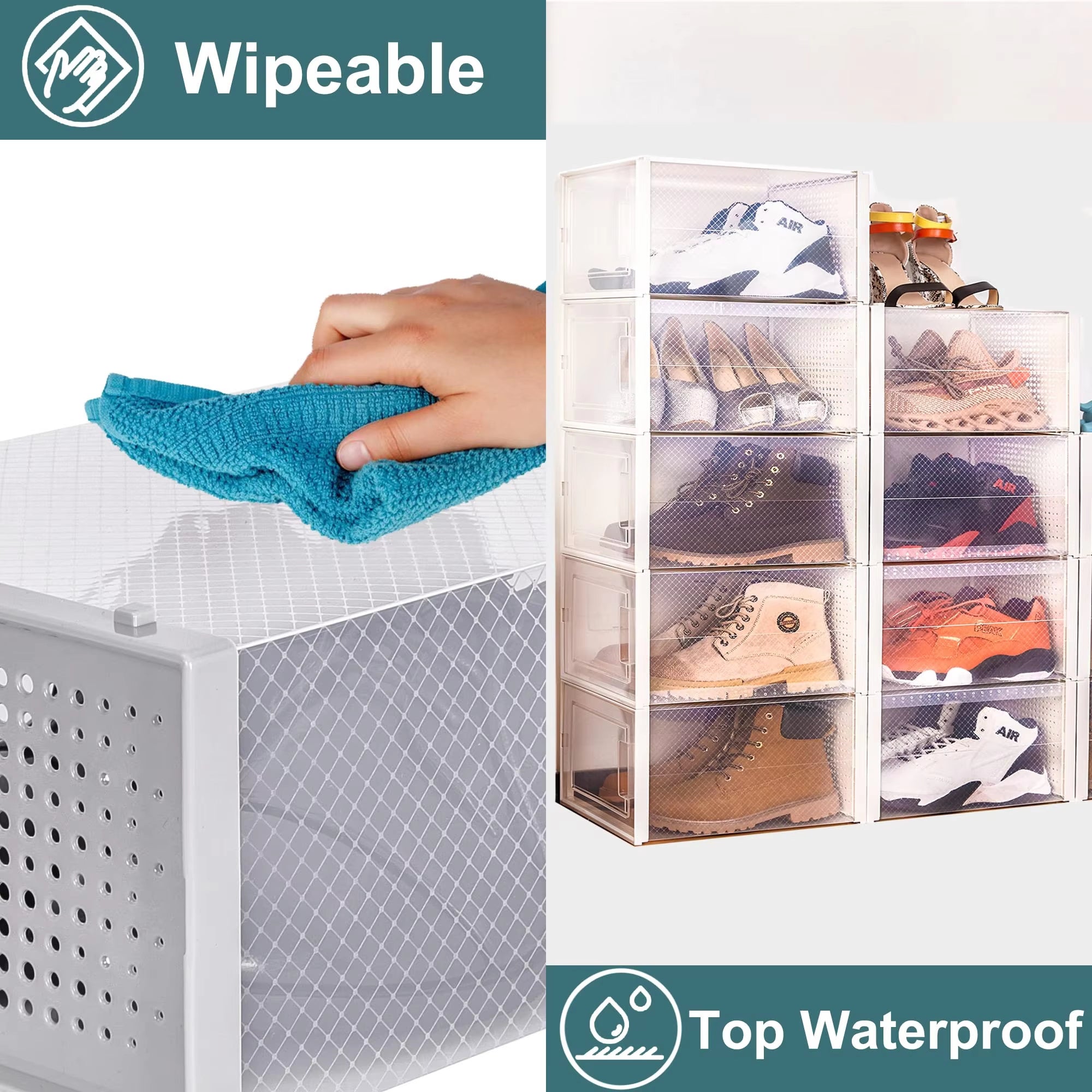 12 Pack Clear White Stackable Storage Shoe Box , Shoe Container Organizer Sneaker Storage Drawer Fit To Women Size 13 - JonaStore