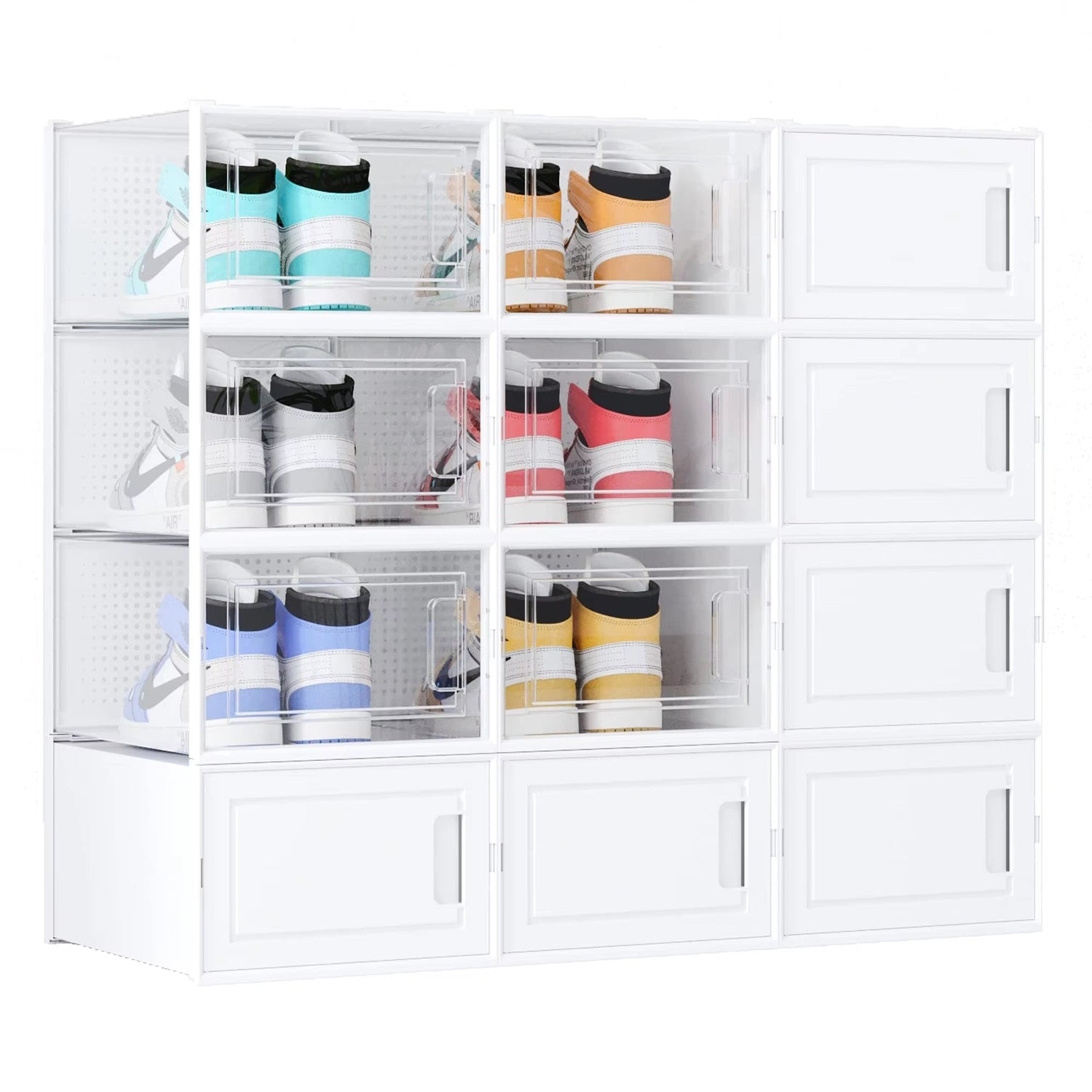 12 Pack Clear White Stackable Storage Shoe Box , Shoe Container Organizer Sneaker Storage Drawer Fit To Women Size 13 - JonaStore