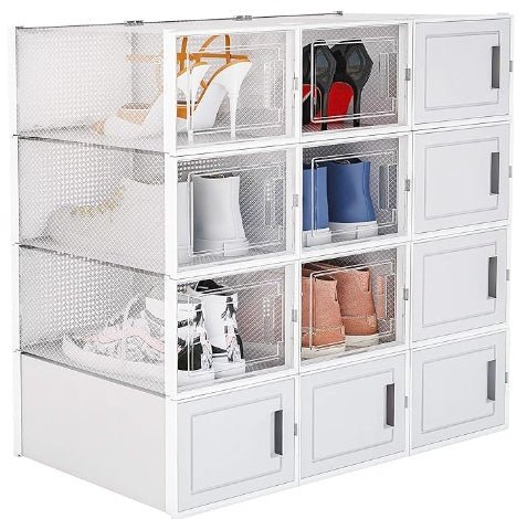 12 Pack Clear White Stackable Storage Shoe Box , Shoe Container Organizer Sneaker Storage Drawer Fit To Women Size 13 - JonaStore