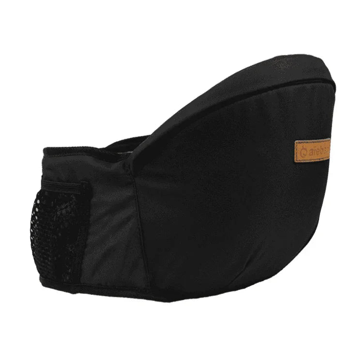black fabric baby hip seat carrier with mesh pocket and brown logo tag