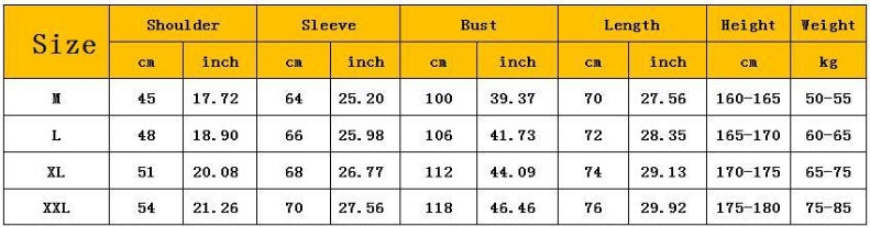 Clothing size chart displaying measurements for shoulder, sleeve, bust, length, height, and weight in cm and inches for sizes M to XXL