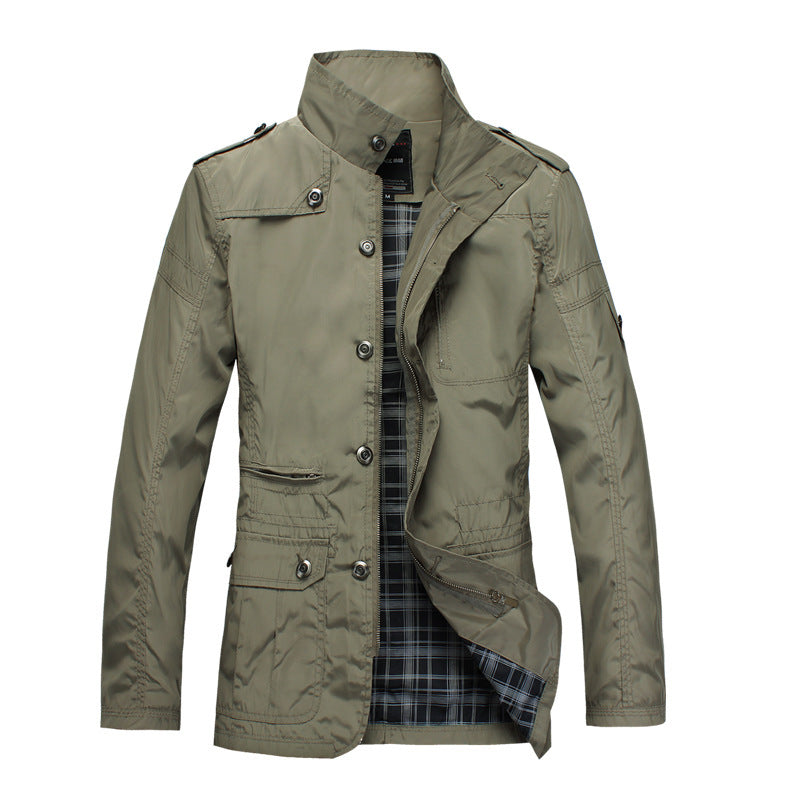 Men's khaki lightweight jacket with button and zipper closure, plaid interior lining, and multiple pockets