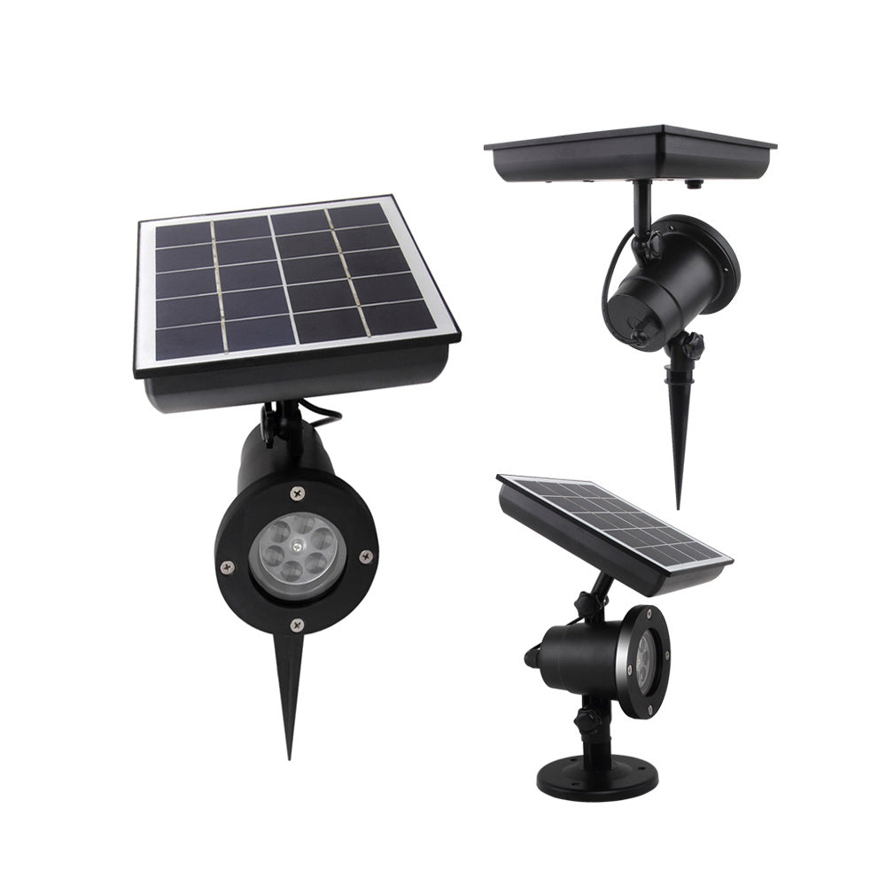 Black solar spotlights with adjustable panels and ground stakes for outdoor garden lighting